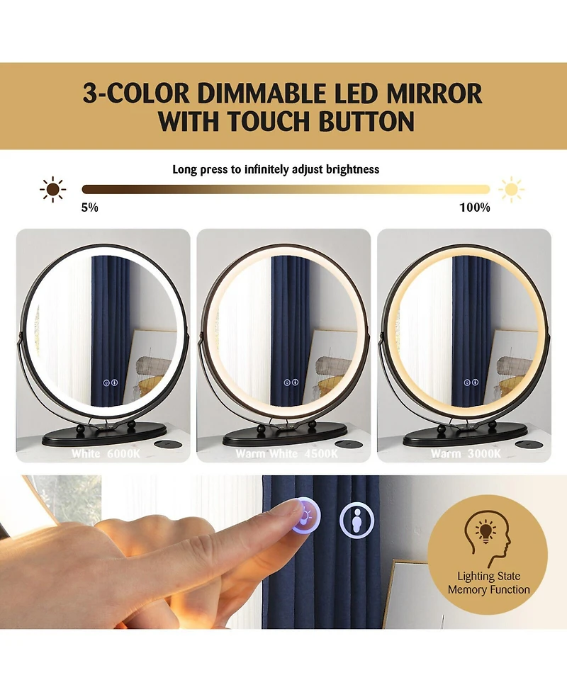 Vanity Table Set with 3-Color Lighted Mirror and Cushioned Stool