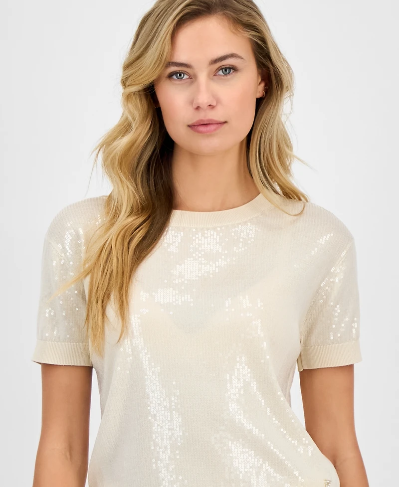 Guess Women's Sequin Printed Short-Sleeve Sweater