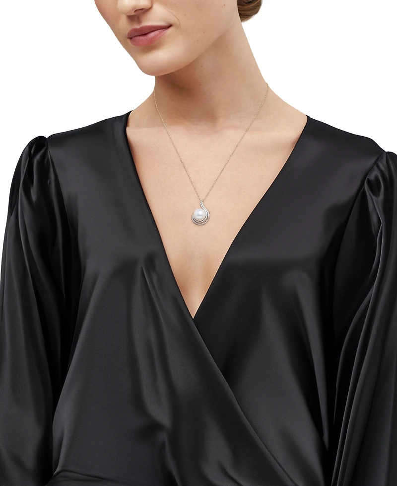 Honora Ming Pearl (11mm) & Diamond (1/4 ct. t.w.) Swirl 18" Pendant Necklace in 14k Gold