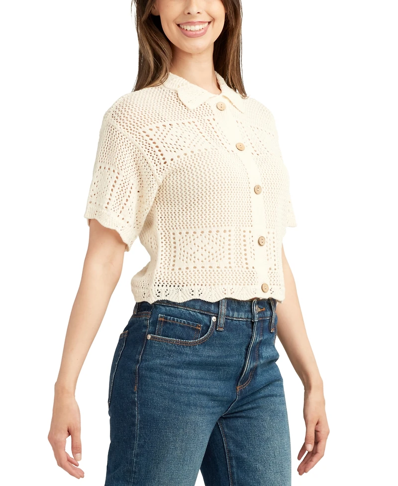 Bcx Juniors' Short-Sleeve Scalloped Cardigan Sweater
