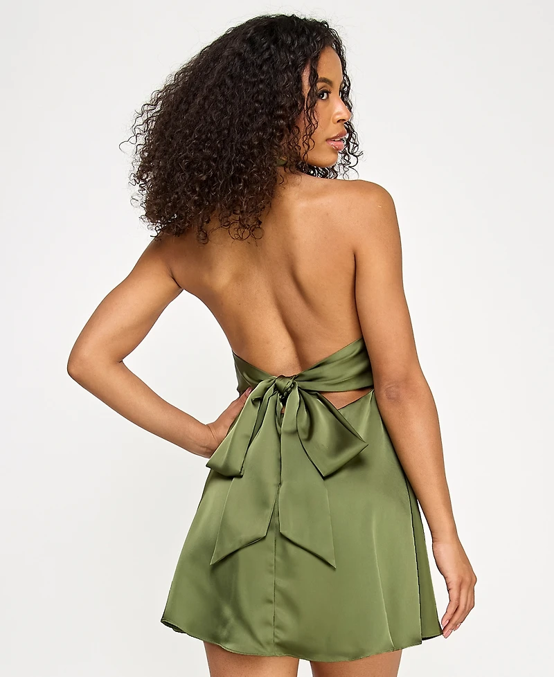 Seni & Cade Juniors' Plunge-Neck Satin A-Line Dress