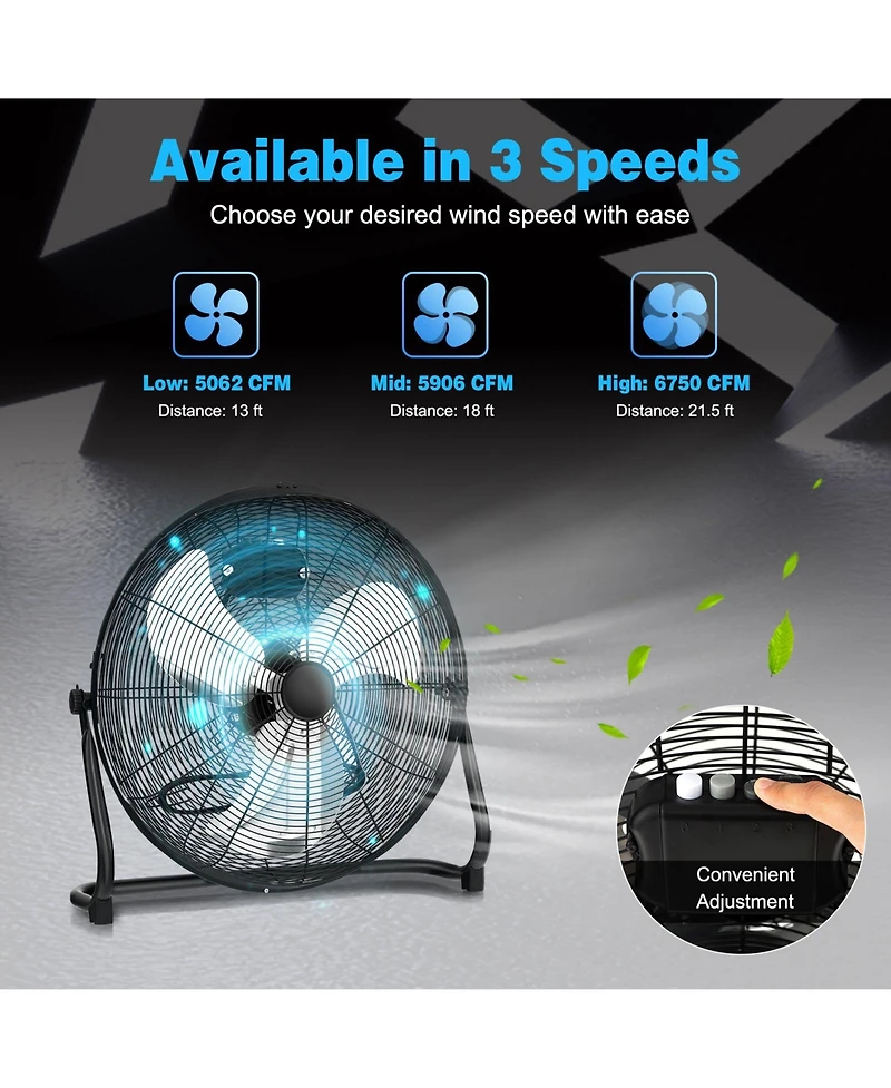 3-Speed High Velocity Floor Fan with Adjustable Tilt Angle and Handle