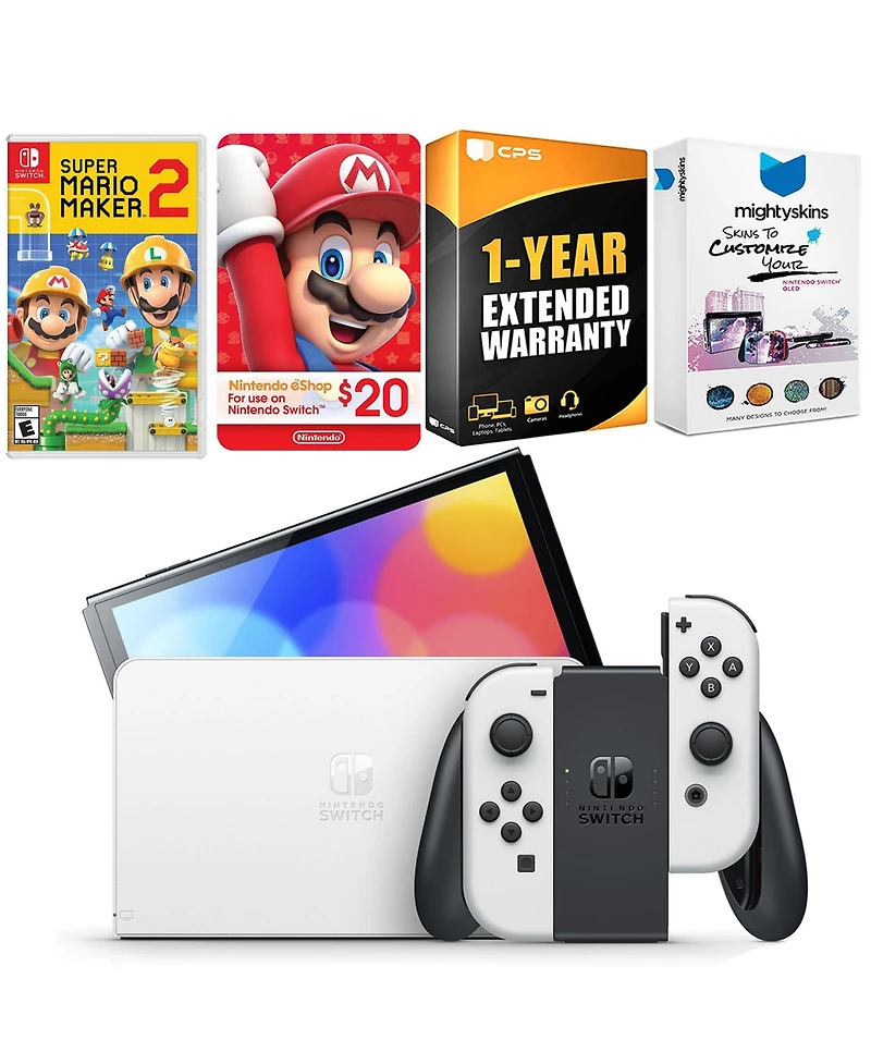 Nintendo Switch White Oled Console with Mario Maker 2, Nintendo $20 eShop Gift Card, MightySkins Console and Controller Skin Voucher
