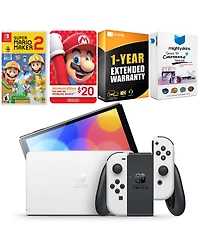 Nintendo Switch White Oled Console with Mario Maker 2, Nintendo $20 eShop Gift Card, MightySkins Console and Controller Skin Voucher