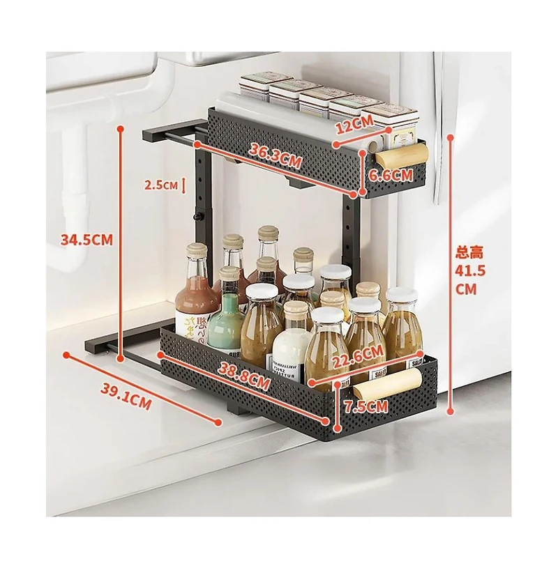 Under Sink Organizer, 2 Packs 2 Tier Under Sink Organizers and Storage, Slide Out Pull Out Cabinet Organizer Shelf, Metal Sliding Drawer for Kitchen B