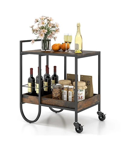 Rolling Buffet Serving Cart with Removable Metal Wire Wine Rack