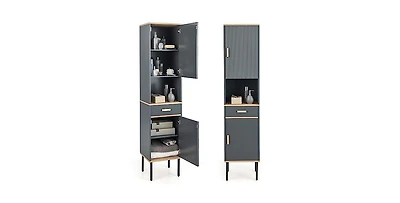 Free-Standing Bathroom Cabinet Narrow Linen with Doors and Drawer