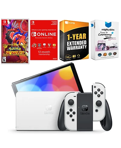 Nintendo Switch White Oled Console with Pokemon Scarlet, Nso 12 Month Family Membership, MightySkins Console and Controller Skin Voucher