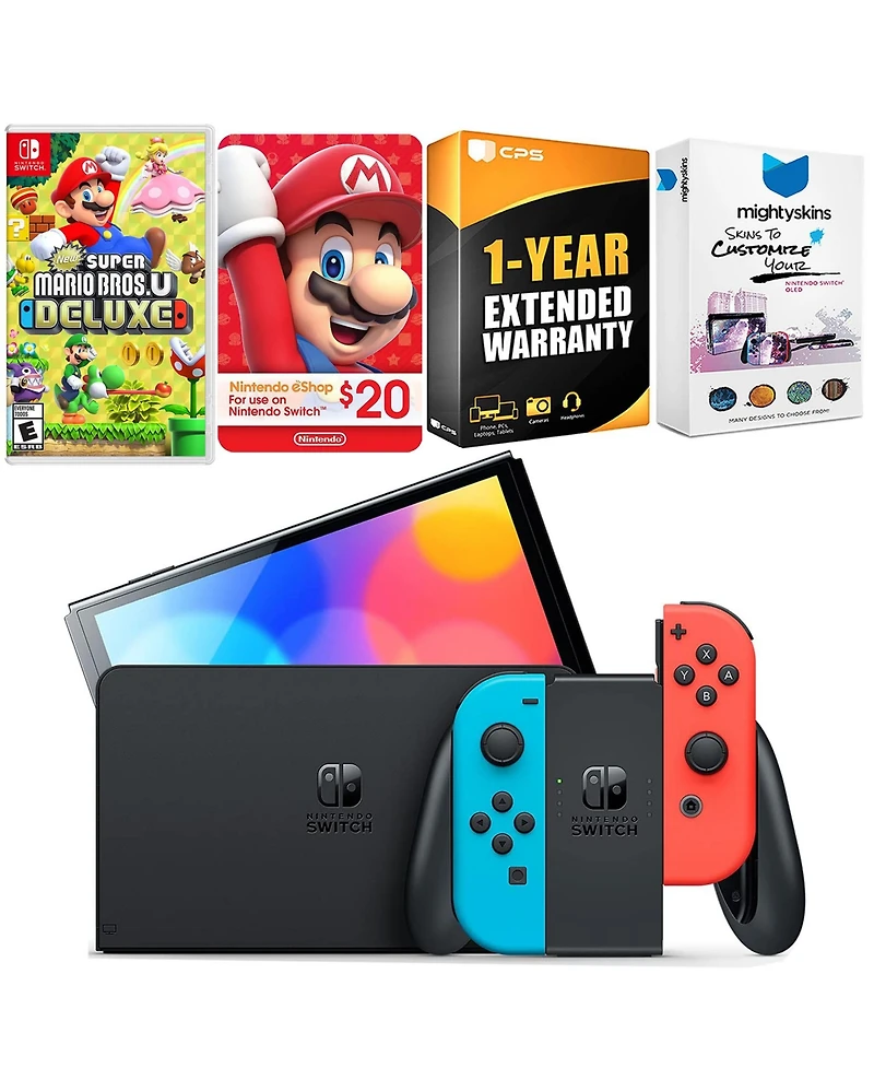 Nintendo Switch Neon Red & Blue Oled Console with New Super Mario Bros. U Deluxe, Nintendo $20 eShop Gift Card