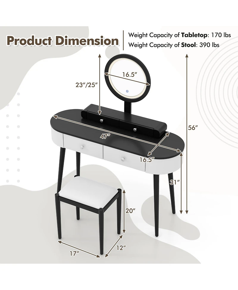 Makeup Vanity Table Set with Led Mirror and 3 Spacious Drawers