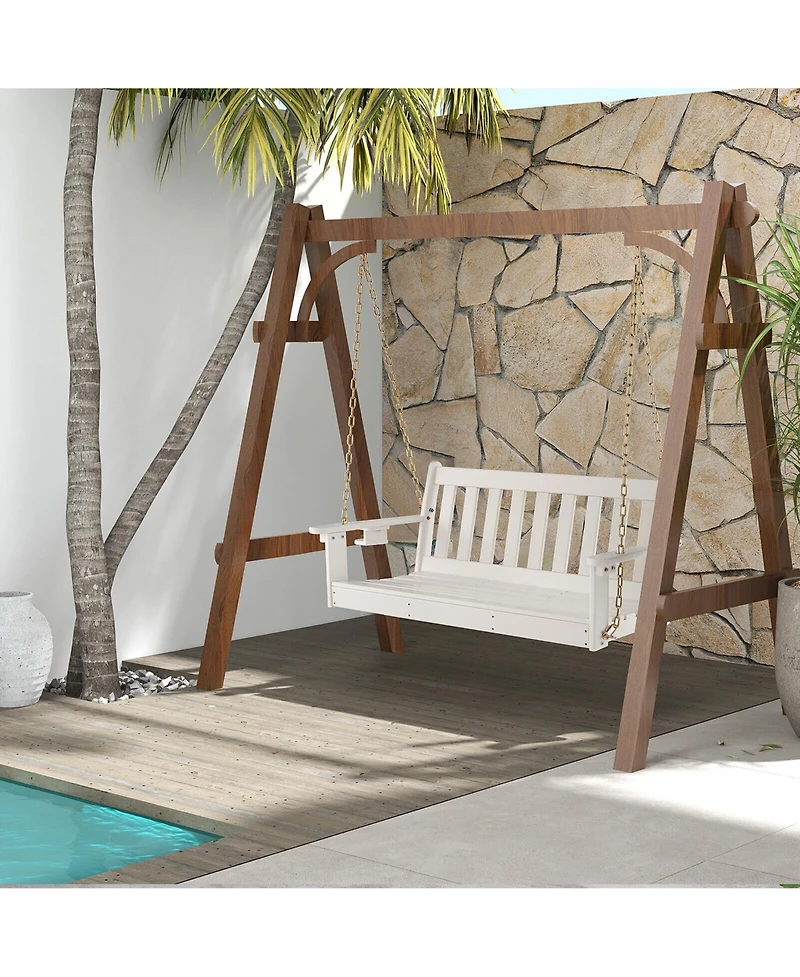 Gymax 54'' Hdpe Porch Swing Outdoor Patio Hanging Chair w/ Cup Holder Adjustable Chain