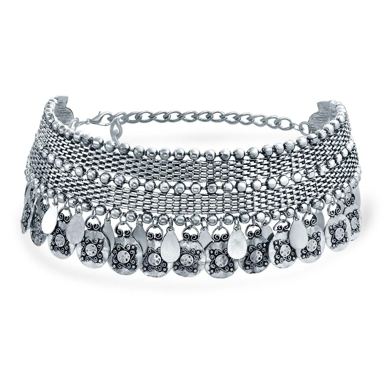 Bling Jewelry Native American Style Bohemian Choker Necklace Dangling Coins Oxidized Silver