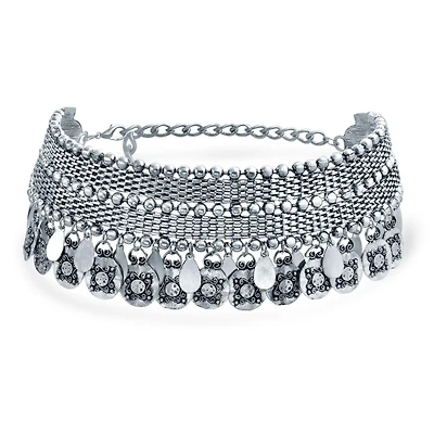 Bling Jewelry Native American Style Bohemian Choker Necklace Dangling Coins Oxidized Silver