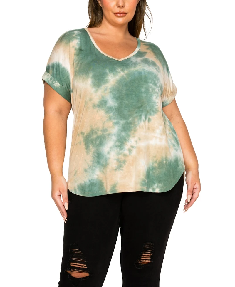 Coin 1804 Plus Size Tie Dye V-Neck Rolled Sleeve Dolman T-Shirt