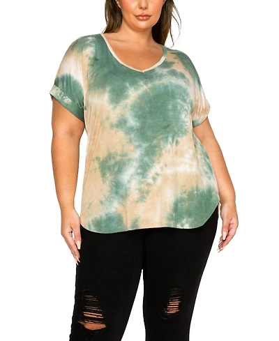 Coin 1804 Plus Size Tie Dye V-Neck Rolled Sleeve Dolman T-Shirt