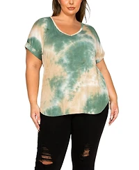 Coin 1804 Plus Size Tie Dye V-Neck Rolled Sleeve Dolman T-Shirt