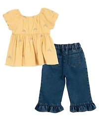 Rare Editions Baby Girls 2-Piece Embroidered Top Ruffle and Jeggings Set
