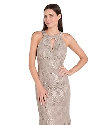 R & M Richards Women's Sequin Lace Keyhole Halter Gown