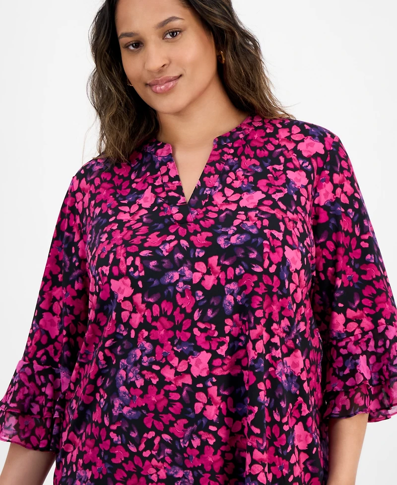 Kasper Plus Size Split-Neck Floral-Print Top