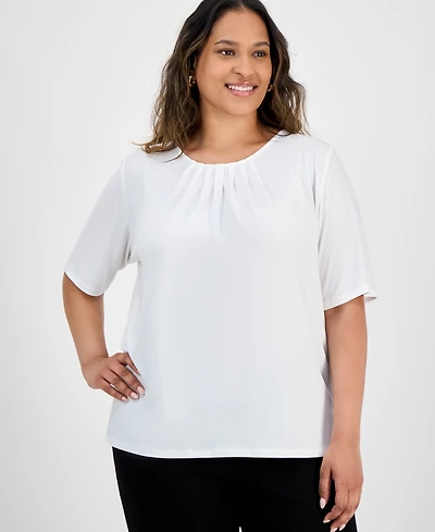 Kasper Plus Elbow-Sleeve Pleated-Neck Top