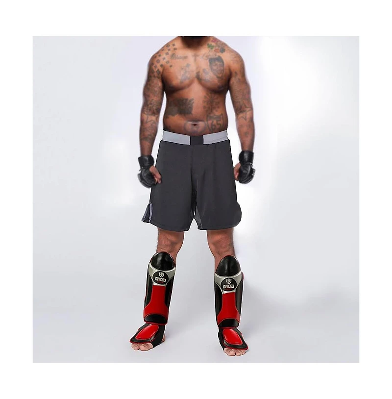Invincible Shin & Instep - Premium Synthetic Leather Shin Guards for Muay Thai, Mma, Martial Arts Training & Sparring,Black/Red/Silver