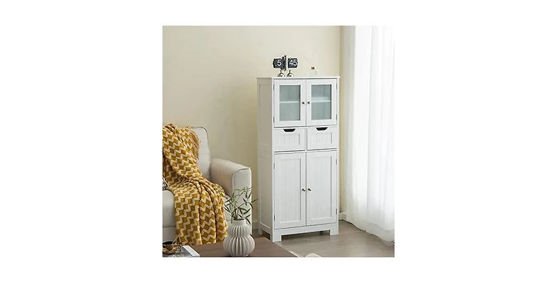 4 Door Freestanding Bathroom Floor Storage Cabinet with 2 Drawers and Glass Doors