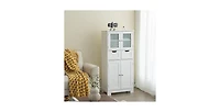4 Door Freestanding Bathroom Floor Storage Cabinet with 2 Drawers and Glass Doors
