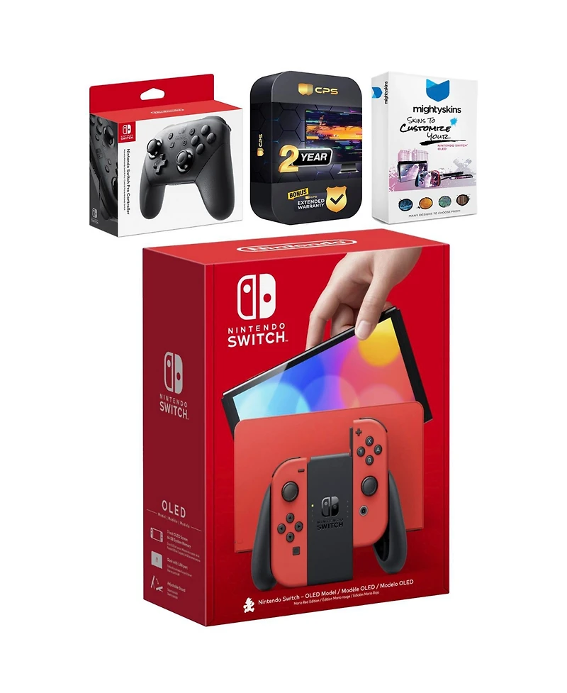 Nintendo Switch Oled Mario Red Edition with Pro Controller, MightySkins Console and Controller Skin Voucher, and 2 Year Cps Extended Warranty