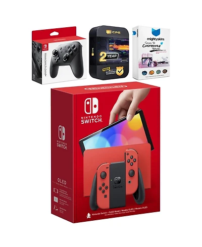 Nintendo Switch Oled Mario Red Edition with Pro Controller, MightySkins Console and Controller Skin Voucher, and 2 Year Cps Extended Warranty