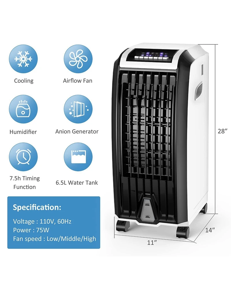 Portable Evaporative Air Cooler with 3 Wind Modes and Timer for Home Office