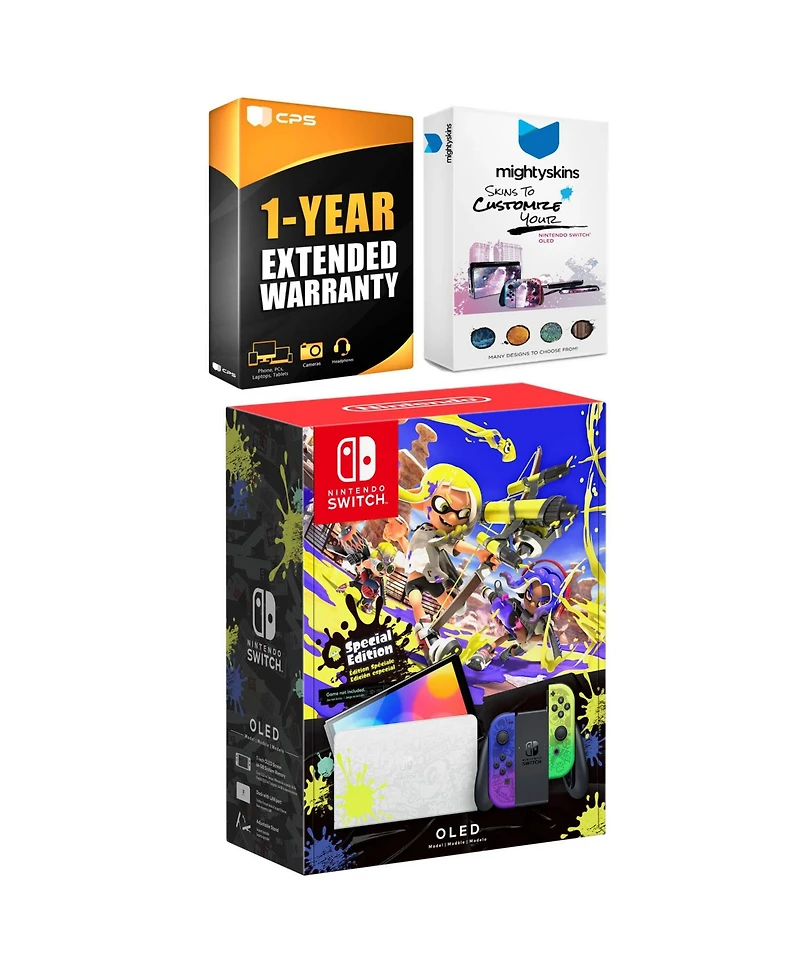 Nintendo Switch Oled Console Splatoon 3 Special Edition with MightySkins Console and Controller Skin Voucher and Year Cps Extended Warranty