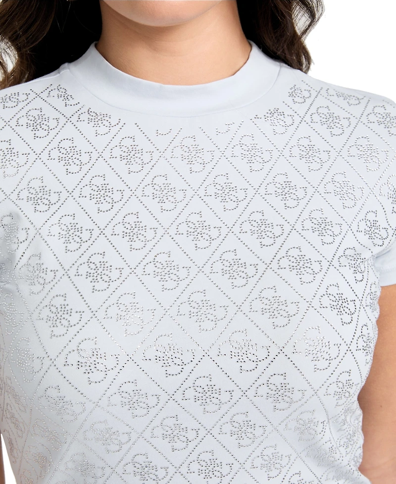 Guess Women's Rhinestone-Logo Mock-Neck Short-Sleeve Top