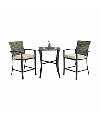 Gymax 3PCS Patio Metal Bar Set Outdoor Conversation Furniture Set w/ Cushions