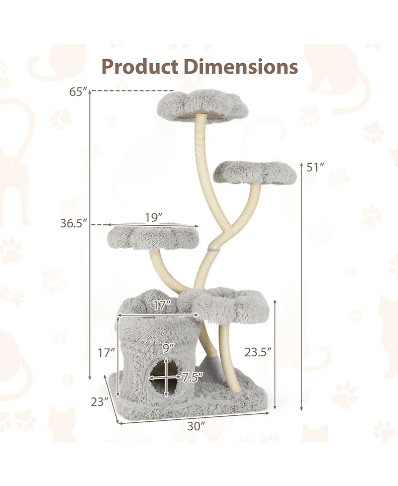 Freestanding Cat Tower with four Flower-shaped Platforms and Sisal Scratching Posts