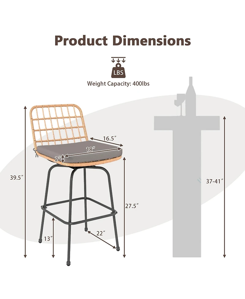Gymax Patio 360° Swivel Bar Stools Set of 2 w/Backrests & Footrests Soft Seat Cushions