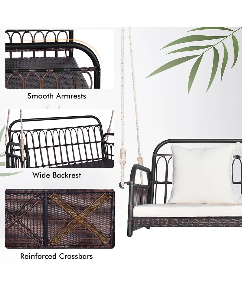 Gymax Wicker Porch Swing 2-Person Outdoor Patio Hanging Chair w/ Cushions