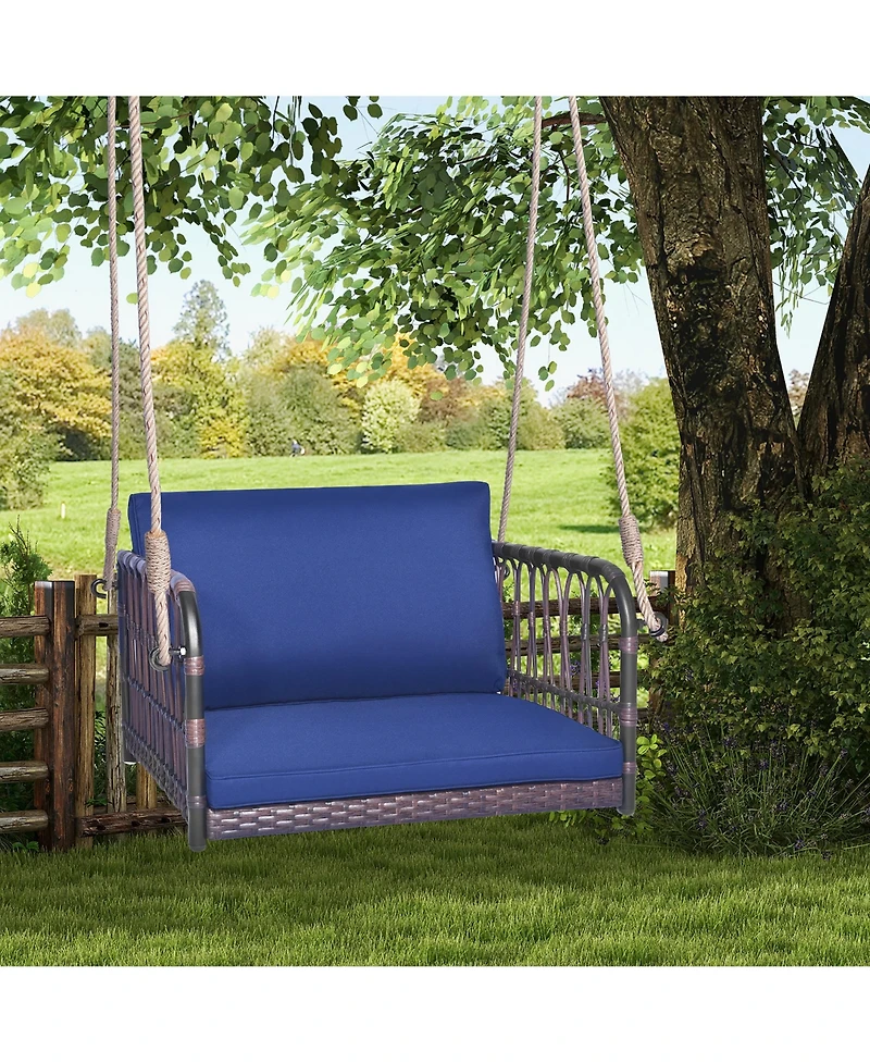 Gymax Patio Rattan Porch Swing Single Person Hanging Seat w/ Seat & Back Cushions Backyard