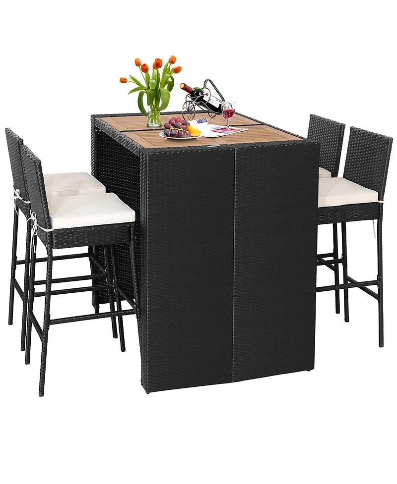 Gymax 5-Piece Patio Rattan Bar Set Outdoor Wicker Set w/ Bar Height Table & 4 Bar Stools