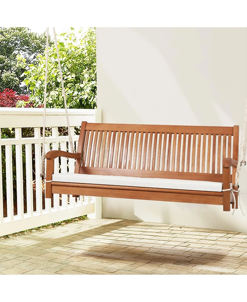 Gymax 2-Seat Patio Hanging Wooden Porch Swing Bench w/ Cushion & Hanging Ropes