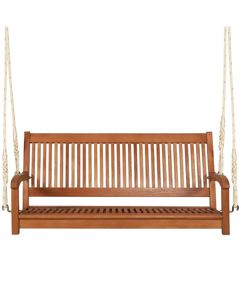 Gymax 2-Seat Patio Hanging Wooden Porch Swing Bench w/ Cushion & Hanging Ropes