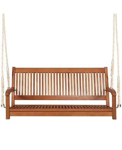 Gymax 2-Seat Patio Hanging Wooden Porch Swing Bench w/ Cushion & Hanging Ropes