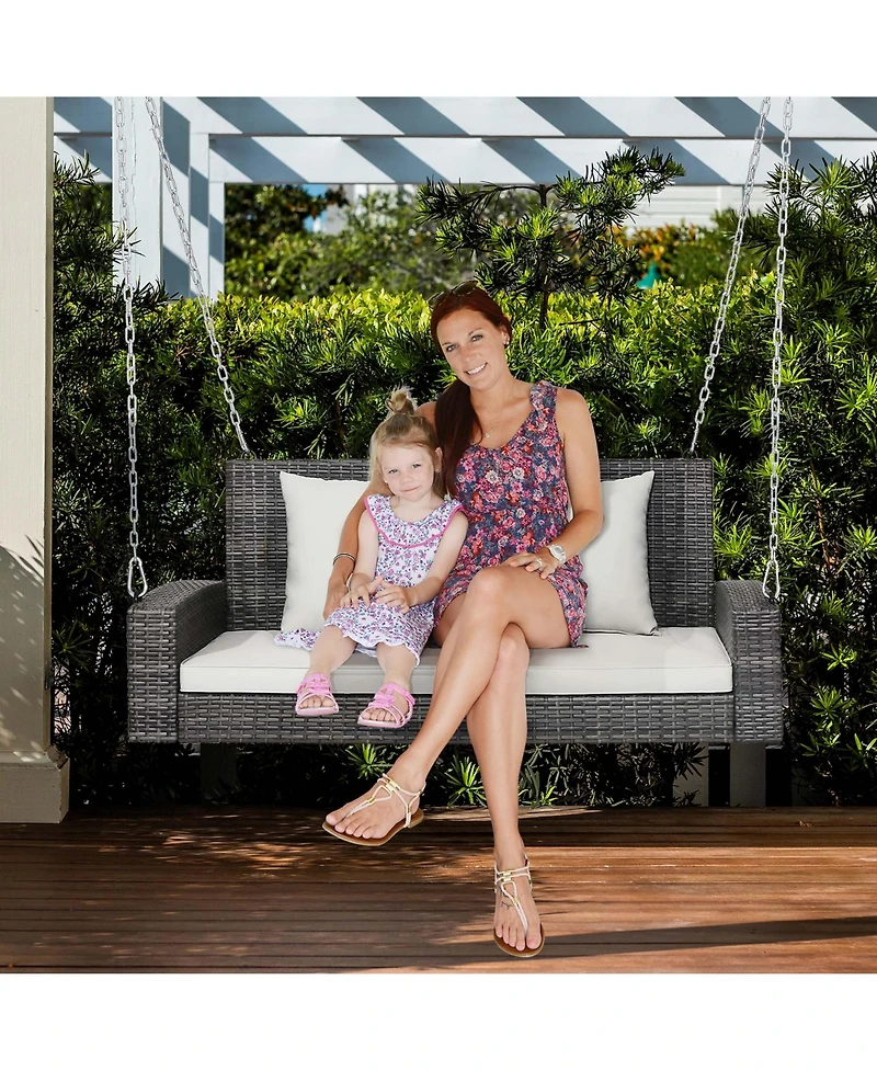 Gymax 2-Person Patio Hanging Porch Swing Rattan 800LBS Swing Bench w/ Cushions