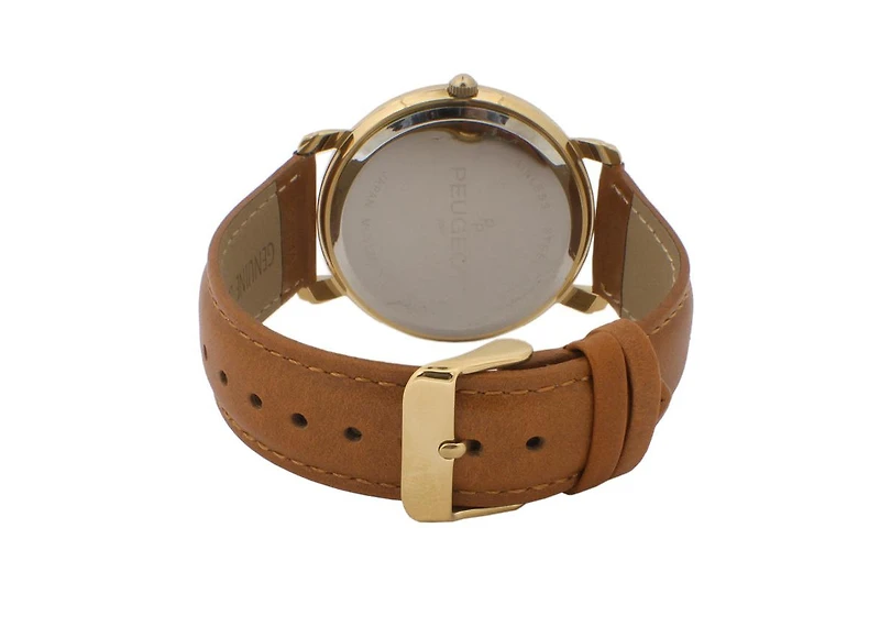 Peugeot Men 38mm Gold Retro Design Calf Skin Leather Strap watch