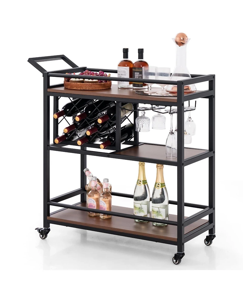 3-tier Bar Cart on Wheels Home Kitchen Serving Cart with Wine Rack and Glasses Holder
