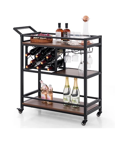 3-tier Bar Cart on Wheels Home Kitchen Serving Cart with Wine Rack and Glasses Holder