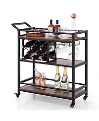 3-tier Bar Cart on Wheels Home Kitchen Serving Cart with Wine Rack and Glasses Holder