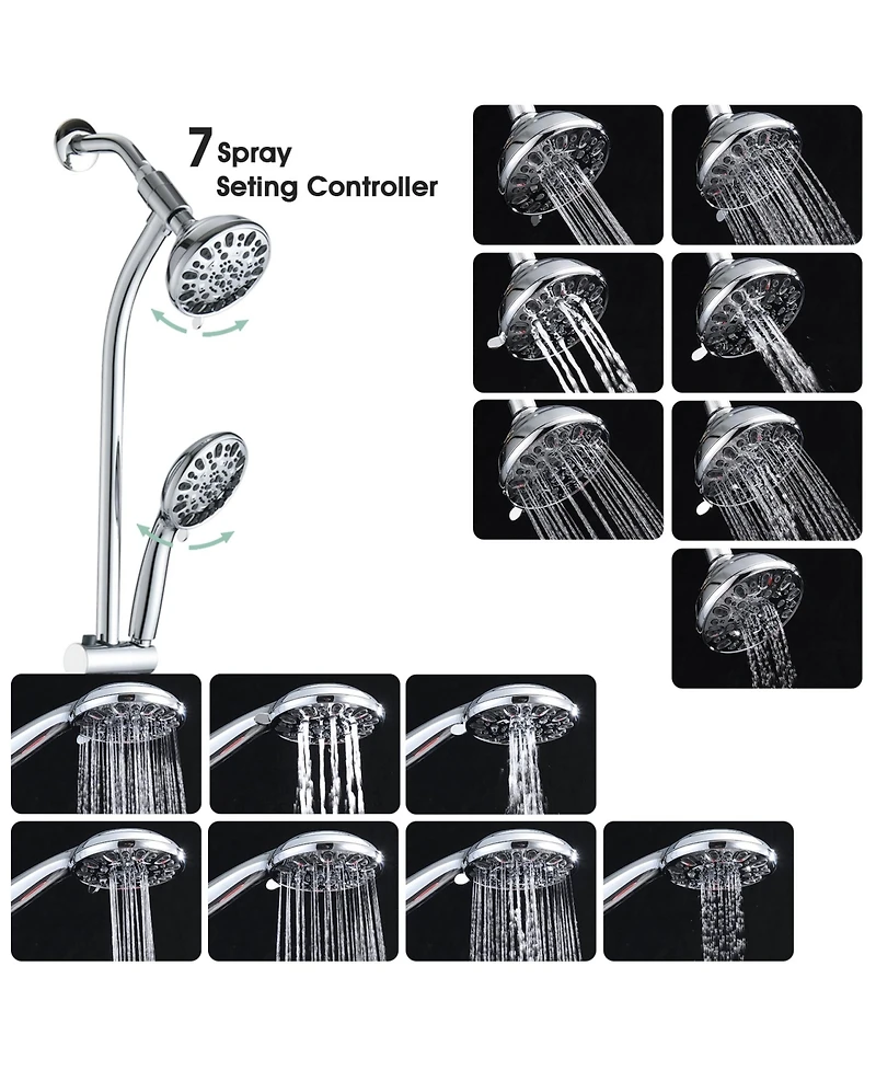 Rainsken Bar Combo Rain Showerhead, Drill-Free Stainless Steel Slide, 7-Setting Hand, Dual Shower Head Spa System