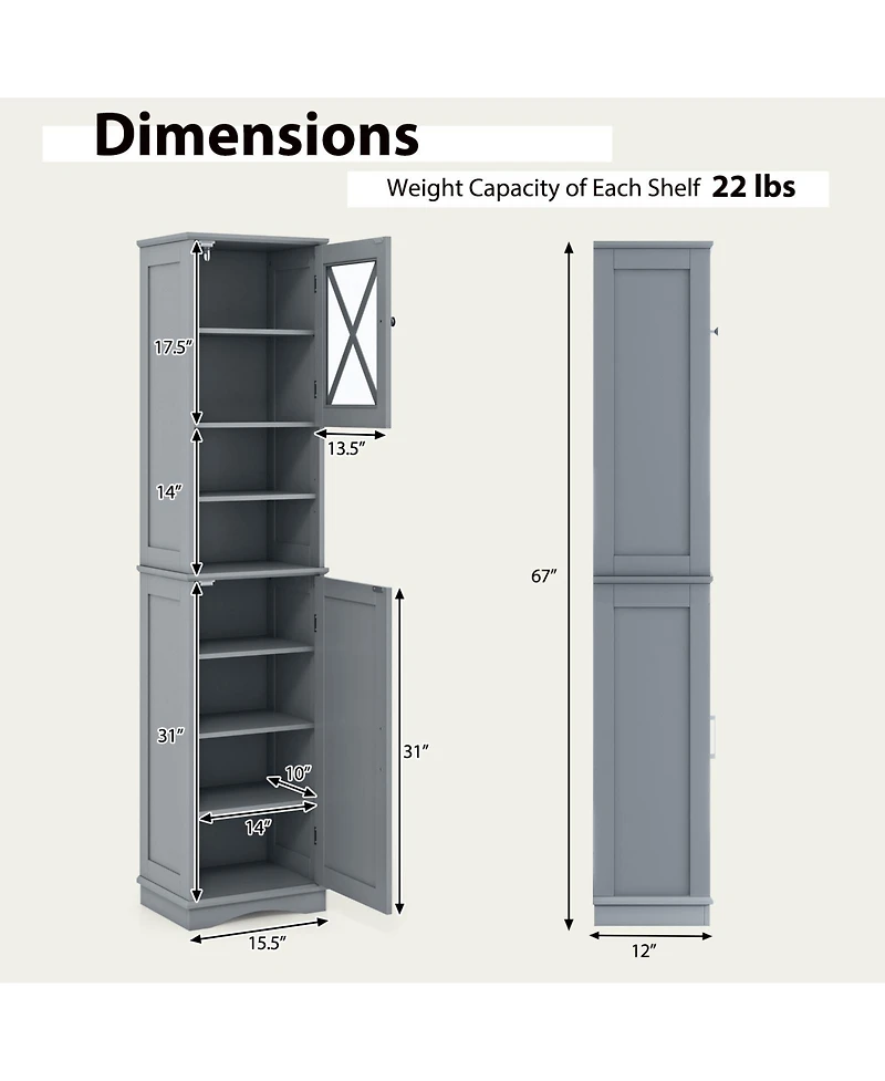 Tall Freestanding Bathroom Storage Cabinet with 5 Adjustable Shelves