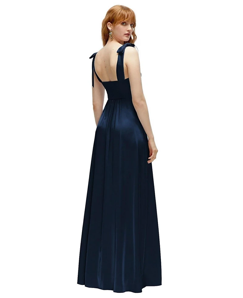 After Six Plus Square Neck Fluid Satin Maxi Dress with Bow Straps