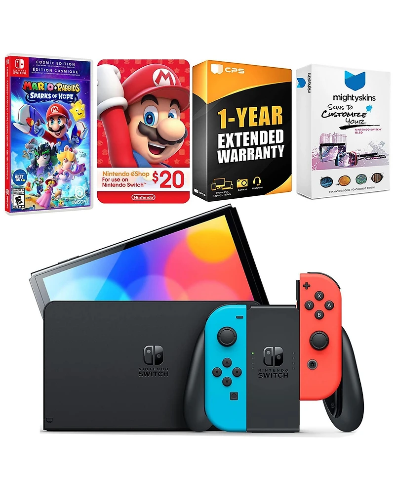 Nintendo Switch Neon Red & Blue Oled Console with Mario + Rabbids Sparks of Hope Cosmic Edition, Nintendo $20 eShop Gift Card